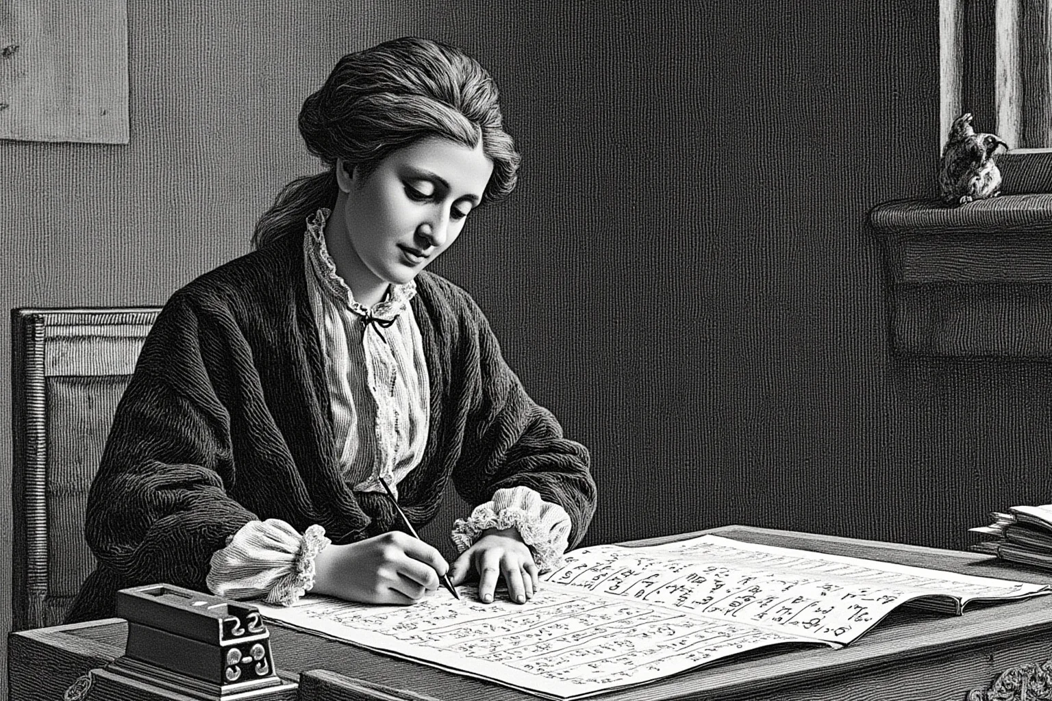 A 19th-century woman mathematician writing dense equations at a desk in a European university office, illustrative style