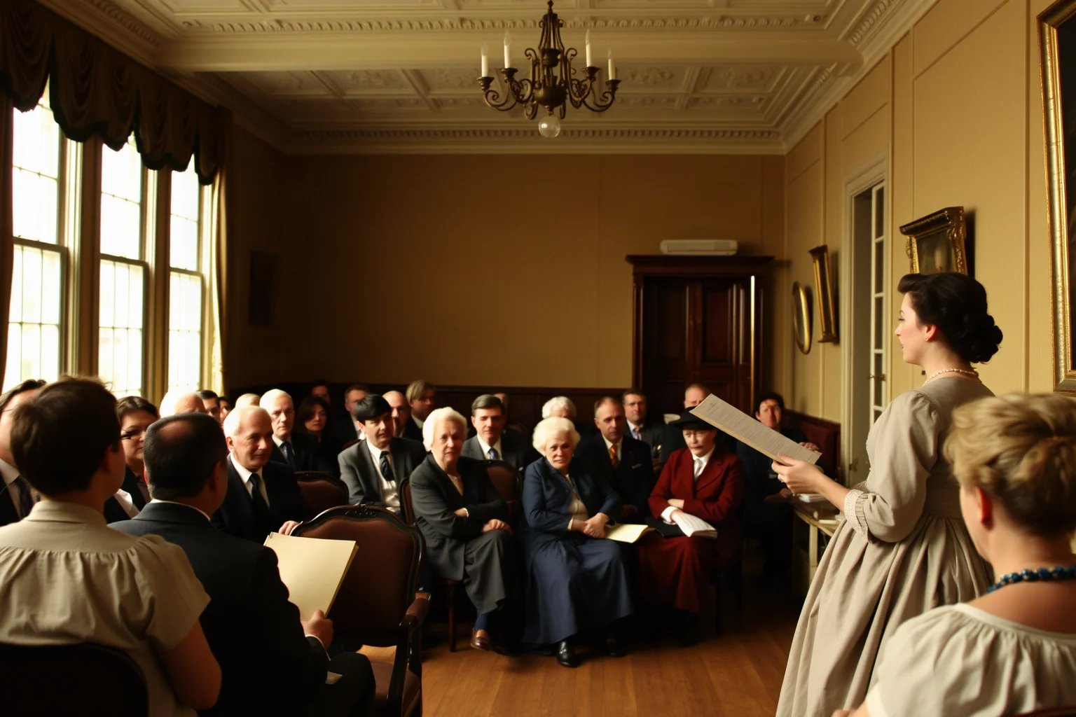 A 19th-century woman reading from a document to a seated audience in a small convention hall