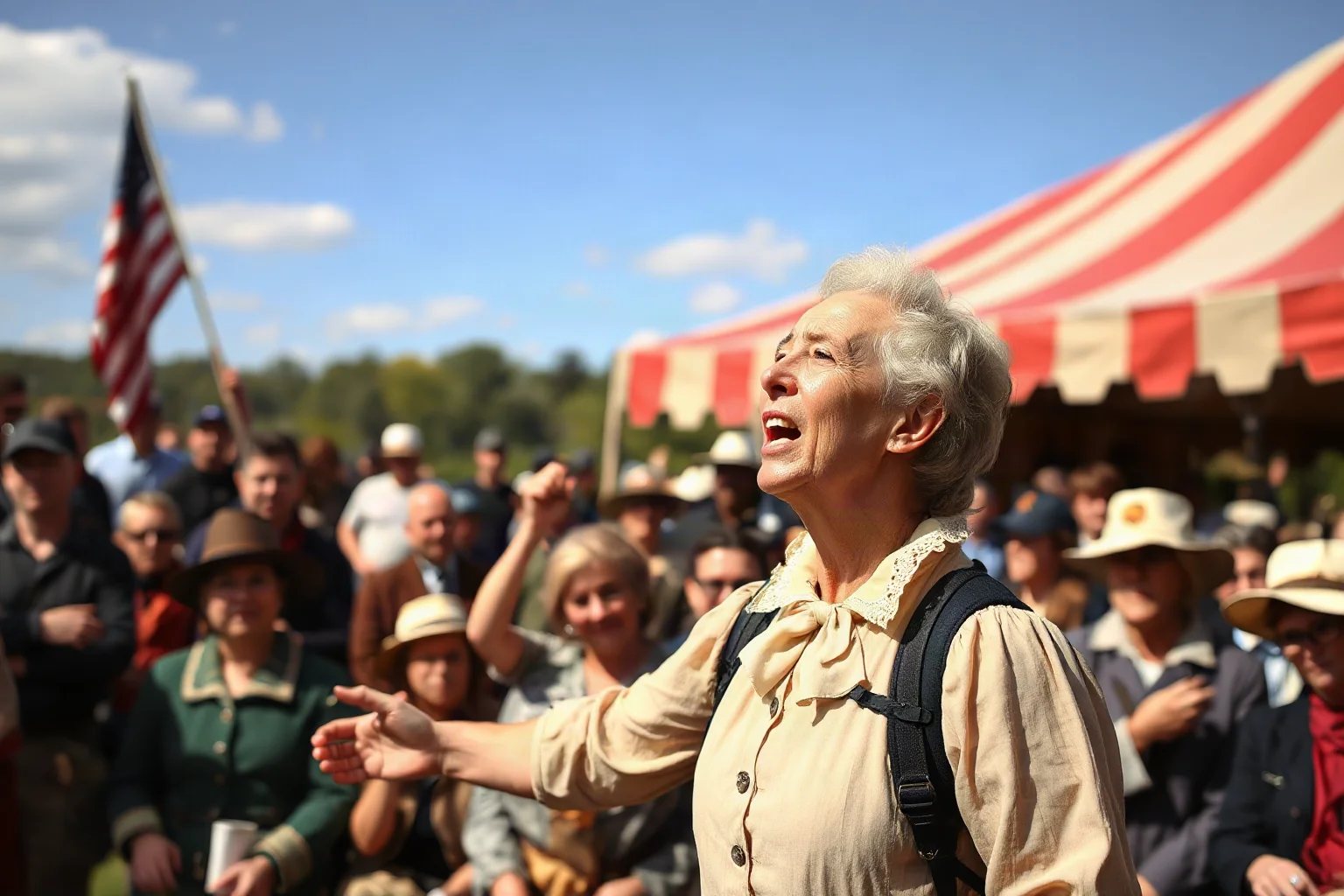A 19th-century woman speaking passionately to a crowd at an outdoor rights convention