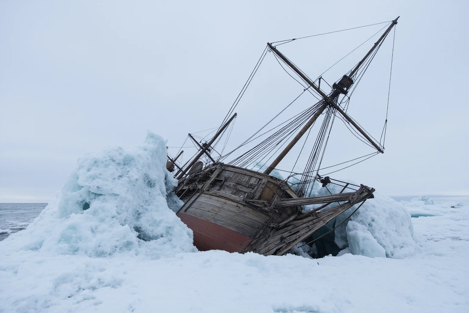 A 19th-century wooden sailing ship trapped and tilted in thick pack ice under a gray Arctic sky