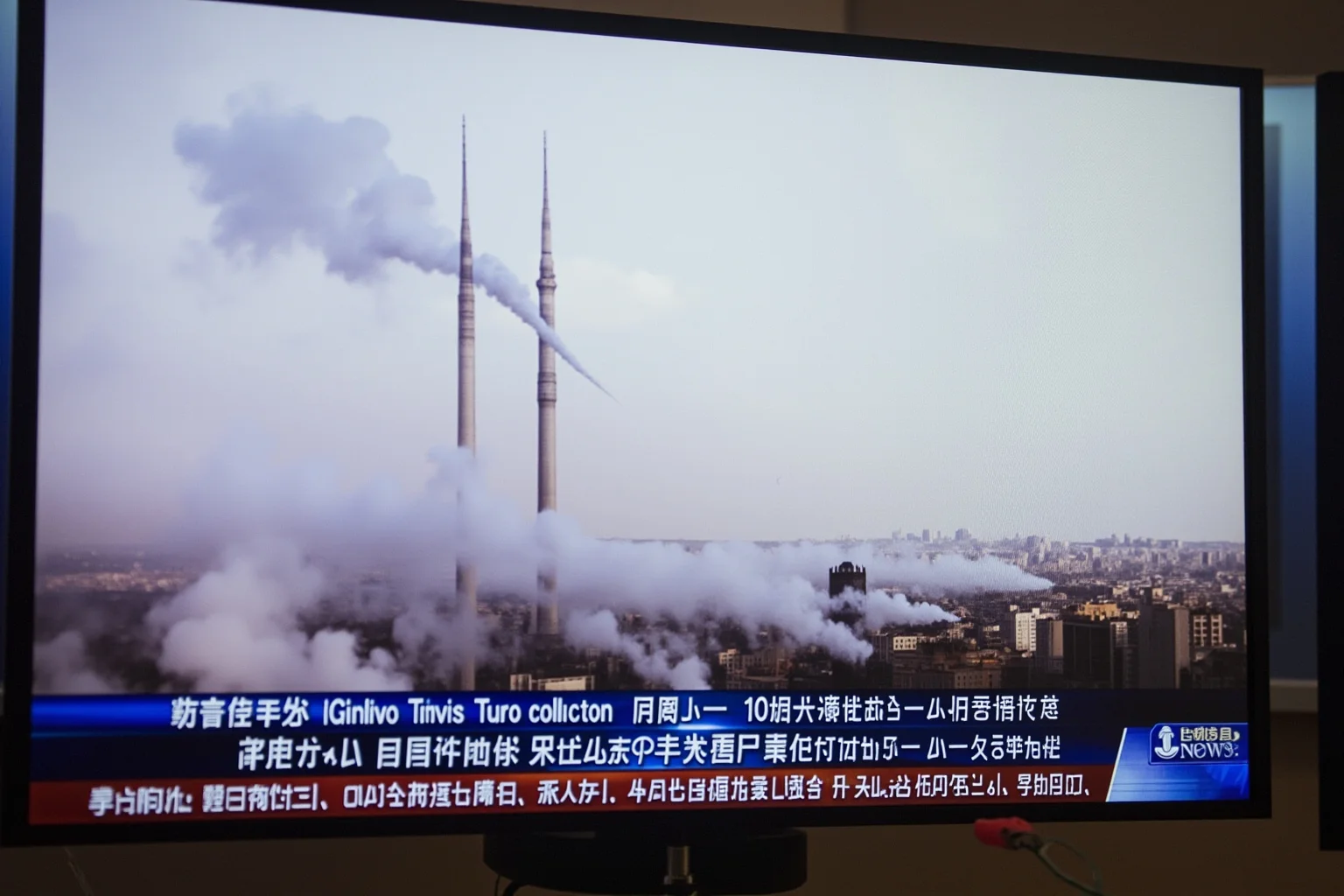 Most Important Historical Events Televised Live 19 A 2000s news broadcast screen showing a smoke-filled city skyline with two tall towers, captured mid-report