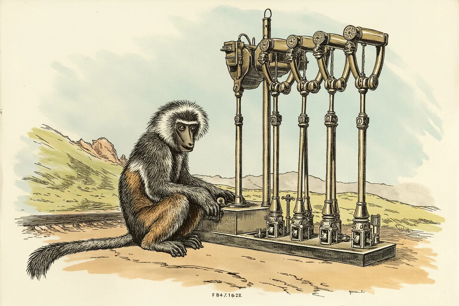 22 Animal Heroes Who Changed Human History 16 A baboon sitting beside old-fashioned railway signal levers at a small station, illustrative style