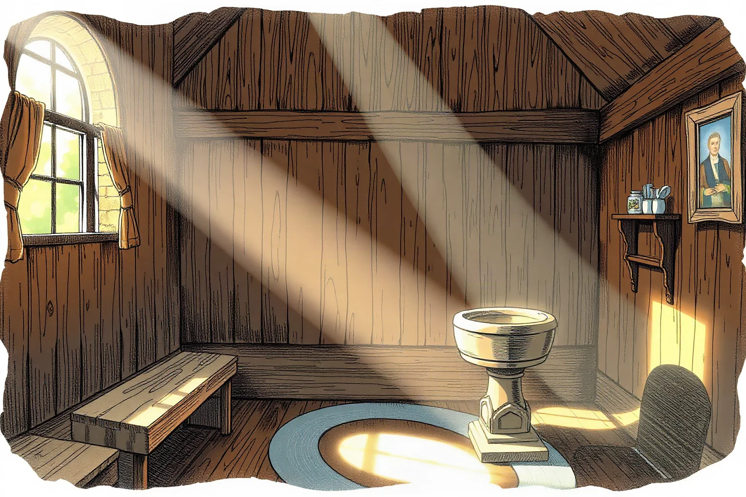 A baptismal font in a small wooden colonial chapel, soft light streaming through a window, historical illustration