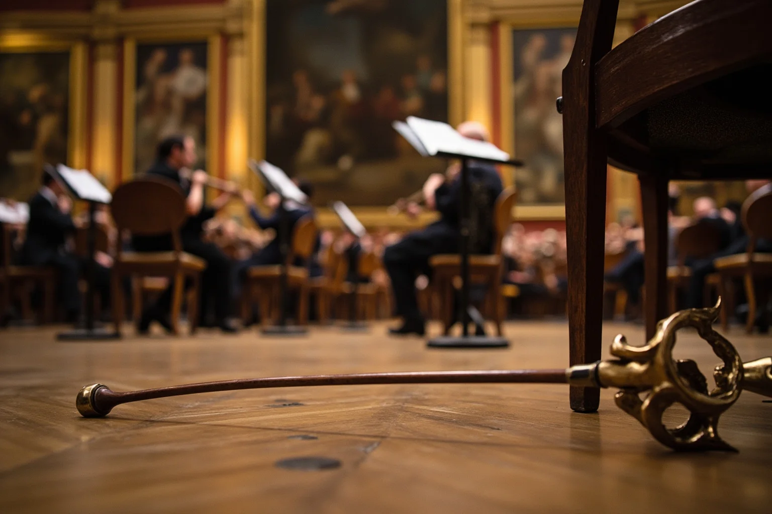 A baroque-era orchestra rehearsal hall with an ornate conductor's staff resting on the floor, 17th-century French palace style
