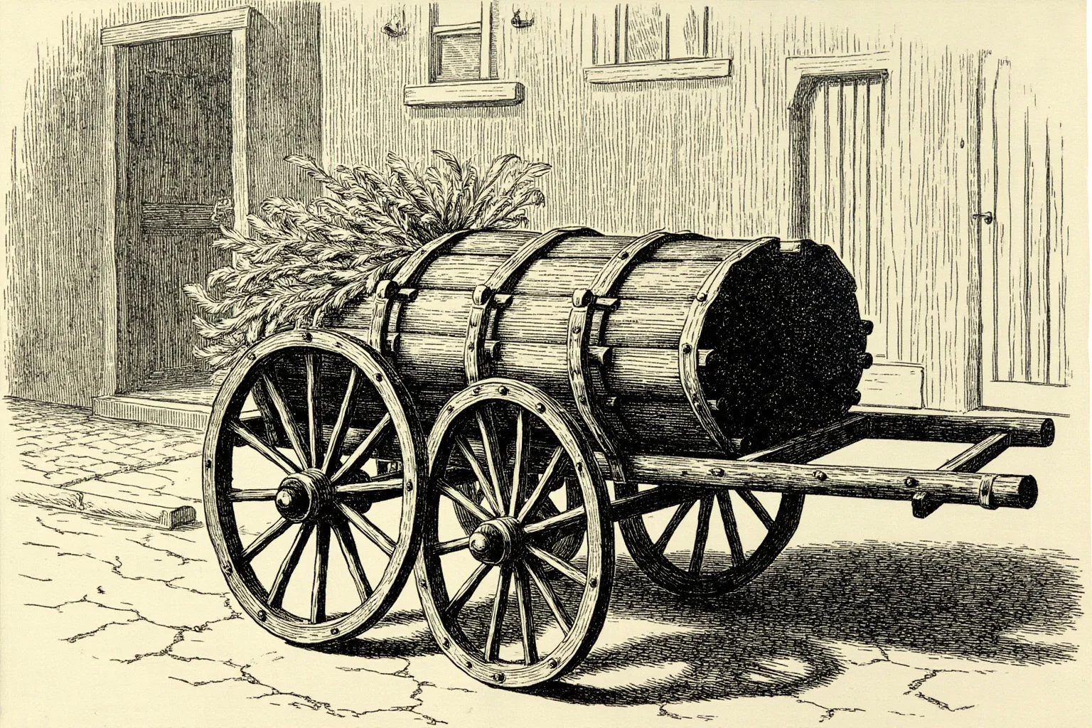 Brutal Forms of Public Humiliation Throughout History 7 A barrel of tar and a pile of feathers on a wooden cart in a colonial American street scene, historical illustration