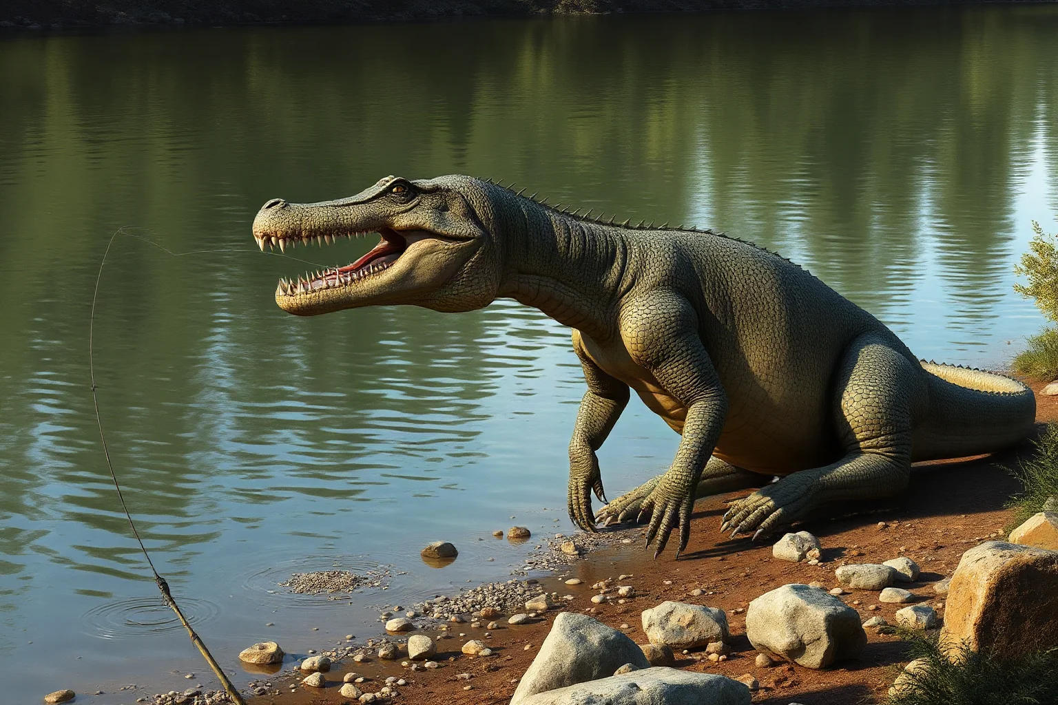A Baryonyx with a crocodile-like snout and huge claw fishing beside a riverbank, realistic paleoart style