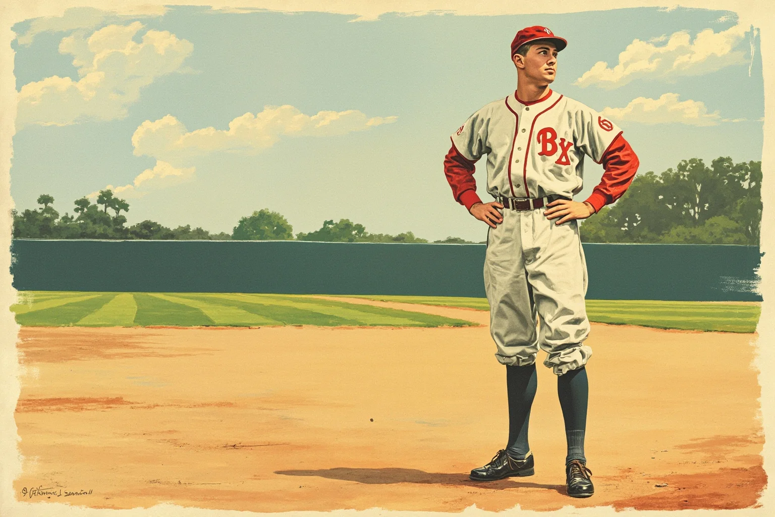 A baseball player in a vintage 1940s uniform standing confidently on a dusty diamond, illustration style, no recognizable real face
