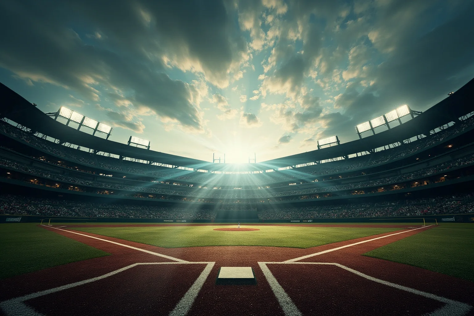 Longest Championship Droughts In Sport History 5 A baseball stadium under grey clouds with a small sunbeam breaking through onto home plate, symbolic of a long-awaited breakthrough
