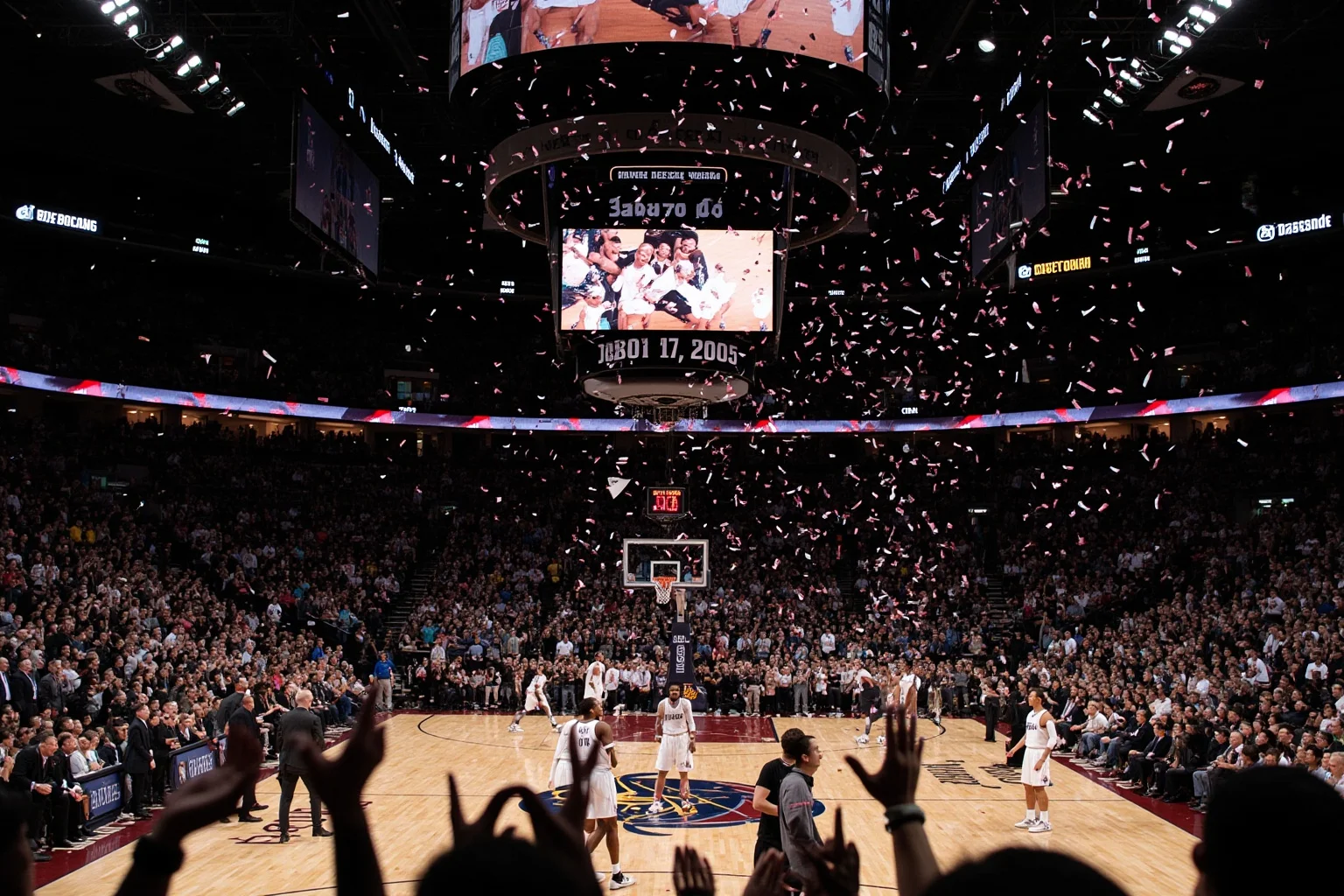 A basketball arena packed with fans, players celebrating a game-seven championship win, confetti falling from the rafters