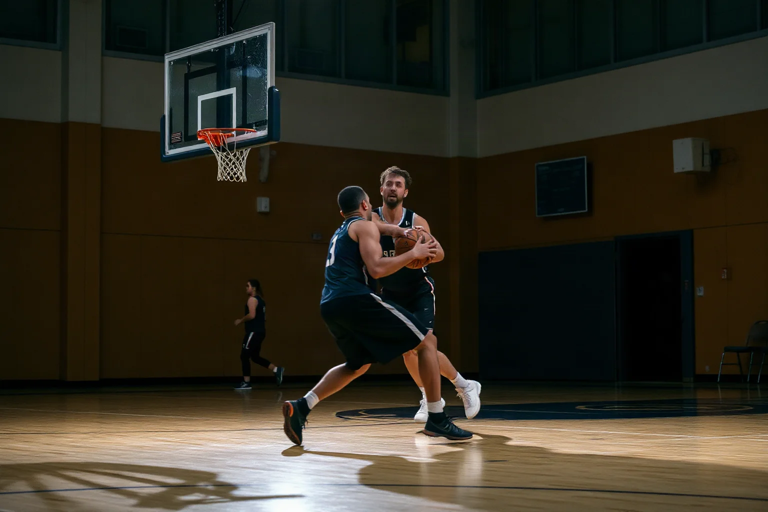 A basketball player in a practice gym colliding near a basket stanchion during a national team scrimmage, dramatic lighting