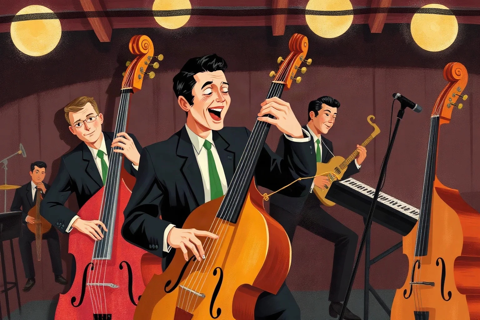 A bassist playing passionately with a small jazz ensemble, 1950s New York club, illustration style