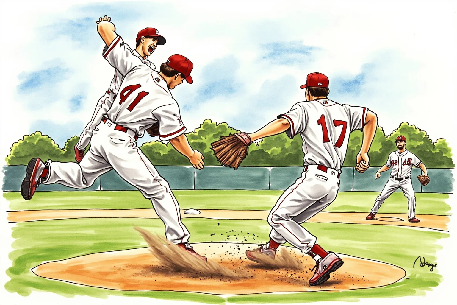 Biggest Brawls In Baseball History 16 A batter charging toward the mound after being hit by a pitch, pitcher bracing for impact, tense action illustration