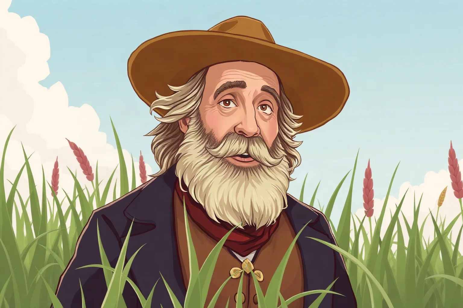 A bearded 19th-century American poet with a wide-brimmed hat standing in tall grass, illustrative style