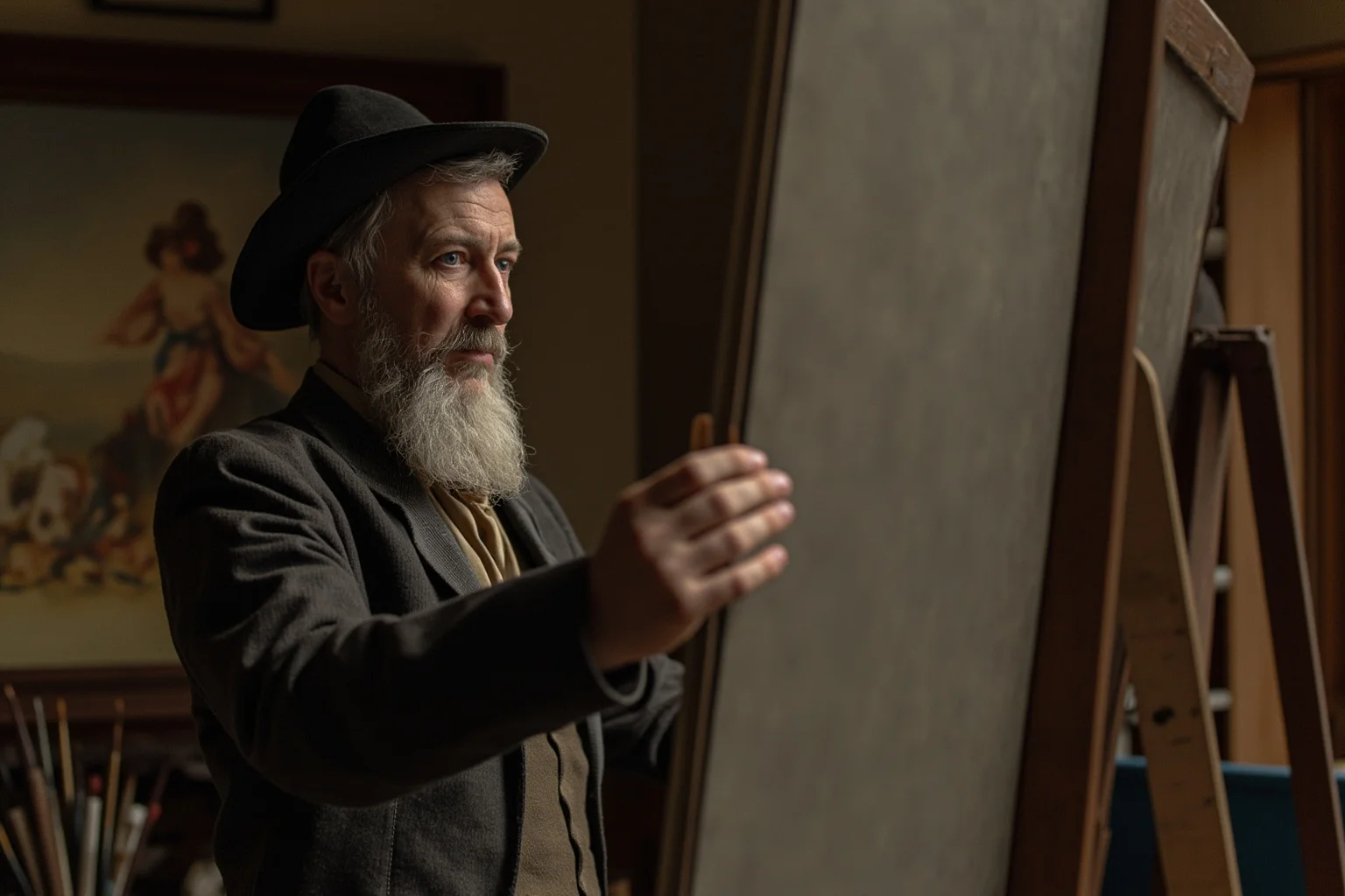 25 Greatest Historical Figures of the Victorian Era 17 A bearded artist in late 19th century clothing in a studio surrounded by canvases, brushes, and artistic materials