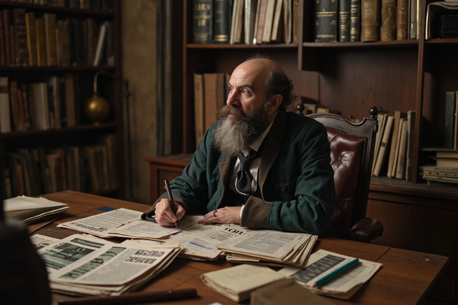 25 Greatest Historical Figures of the Victorian Era 10 A bearded man in Victorian clothing writing at a desk surrounded by socialist newspapers and political documents