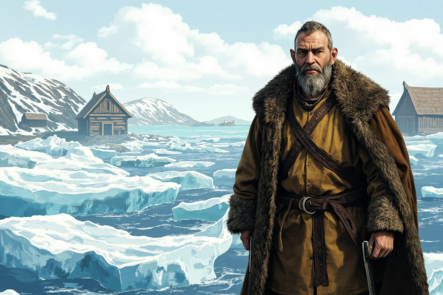 20 Greatest Vikings in History 4 A bearded Norse settler standing before icy Greenland fjords with a small wooden settlement in the background, historical illustration style