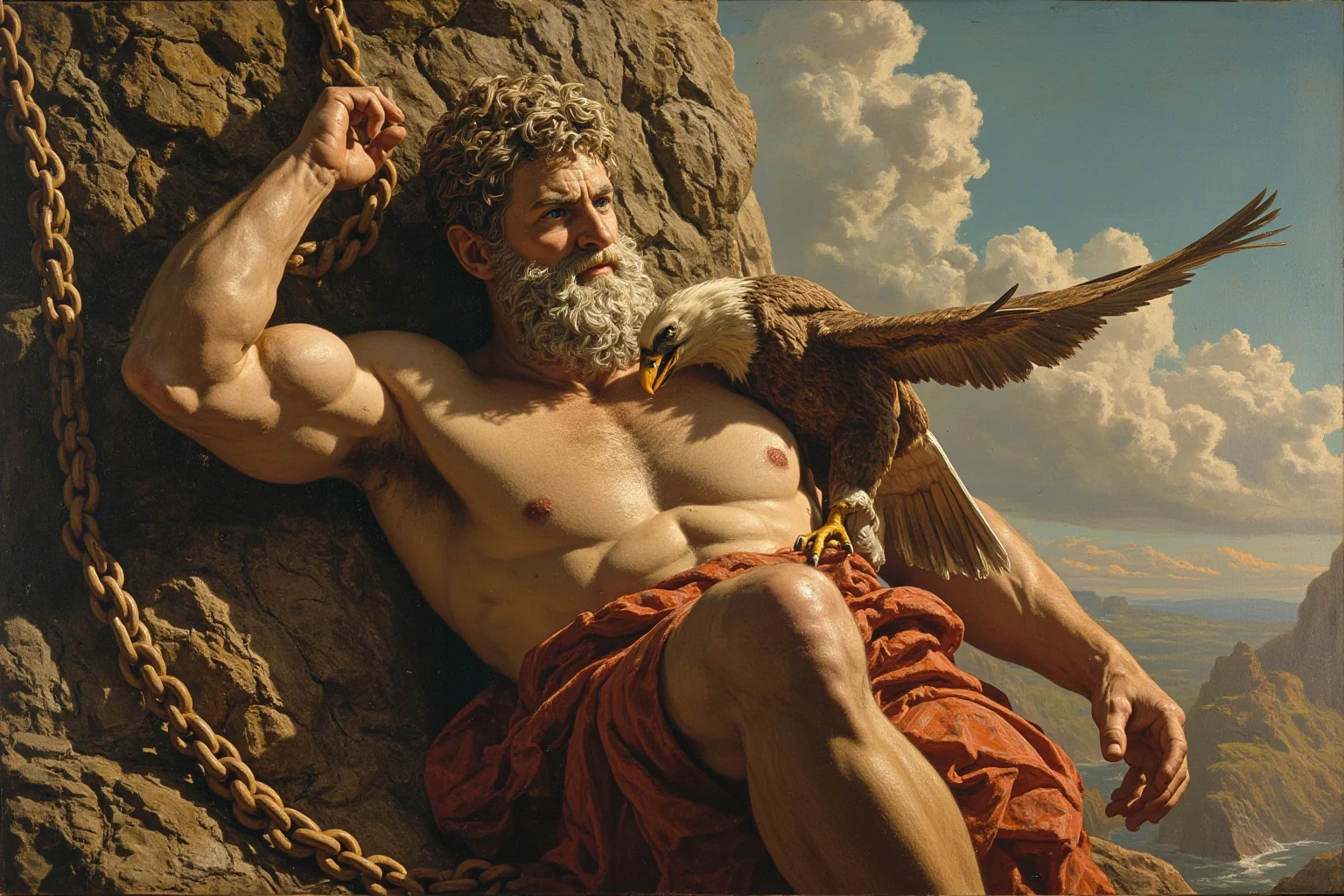 A bearded Titan chained to a rocky mountain with an eagle tearing at his chest, in ancient Greek art style