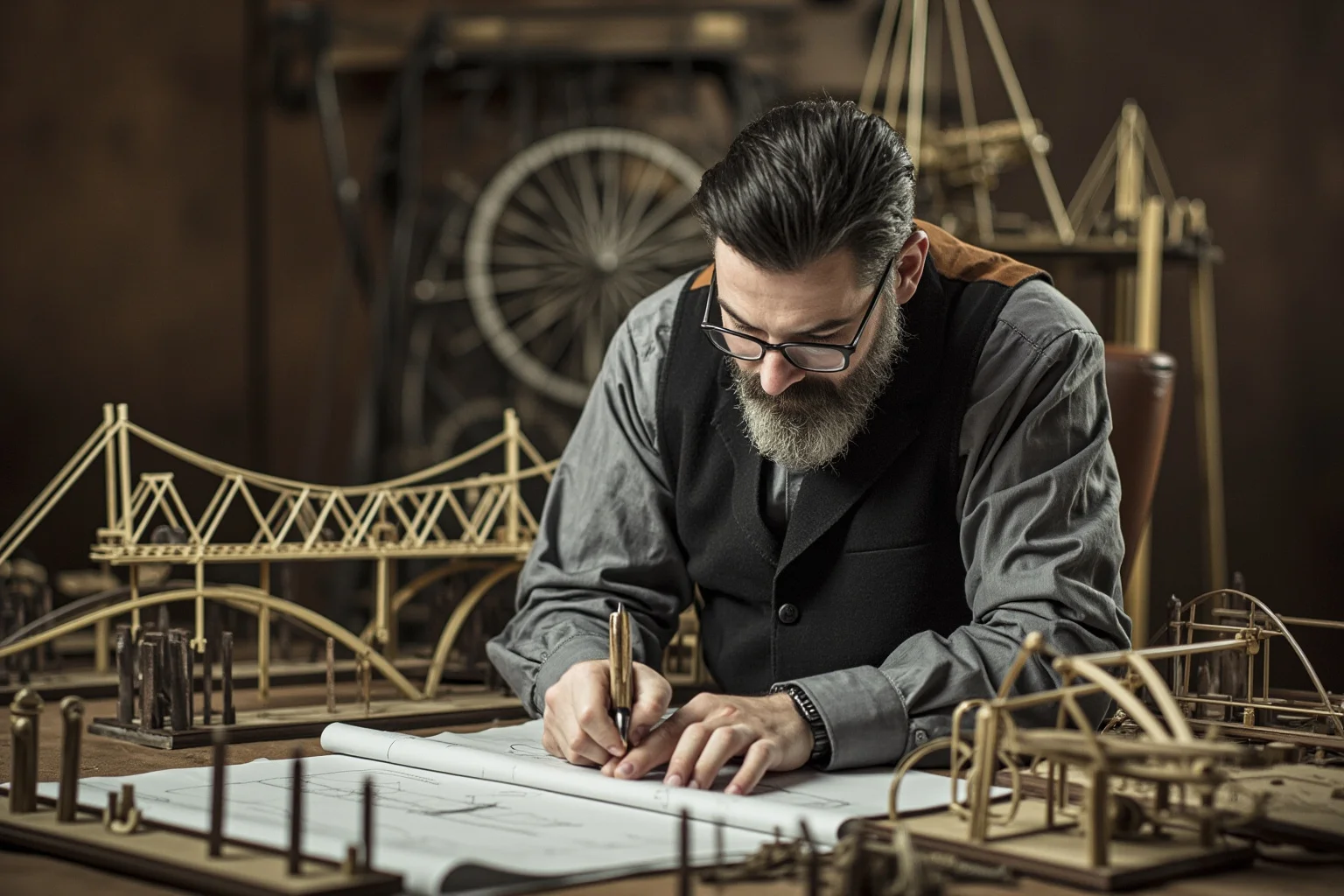 25 Greatest Historical Figures of the Victorian Era 7 A bearded Victorian engineer sketching architectural plans, surrounded by bridge models and mechanical designs