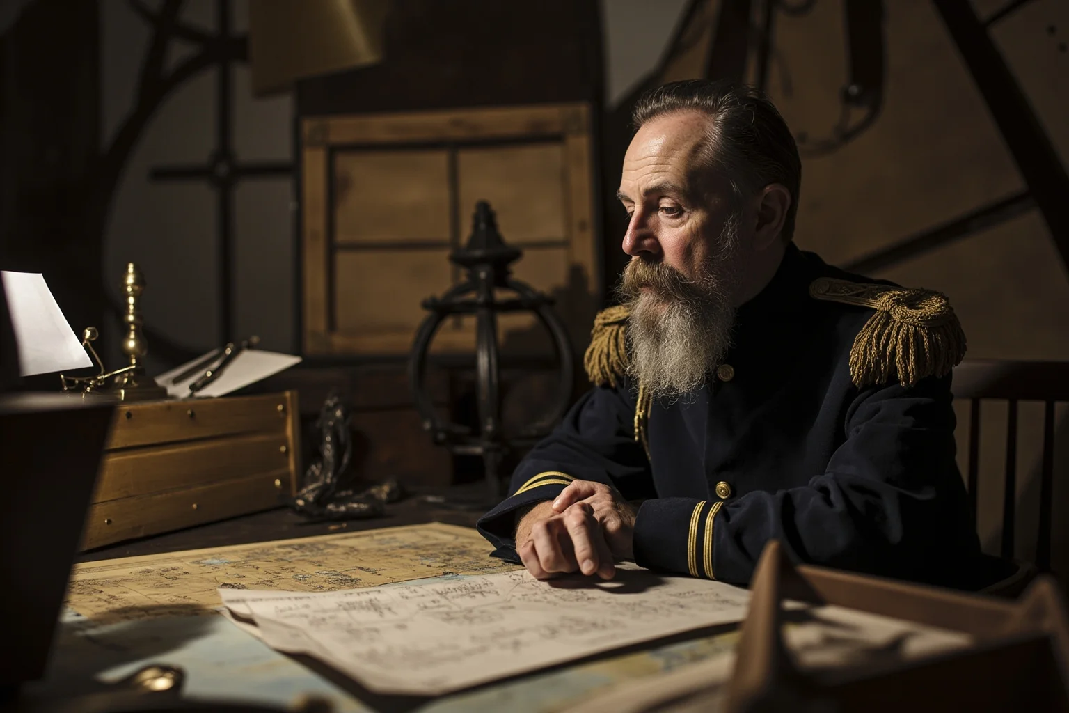 25 Greatest Historical Figures of the Victorian Era 21 A bearded Victorian naval officer in uniform studying maps and polar expedition equipment in an expedition planning room