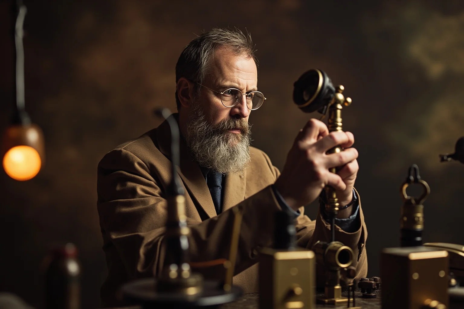 25 Greatest Historical Figures of the Victorian Era 19 A bearded Victorian scientist in a laboratory coat examining early telephone apparatus and communication devices
