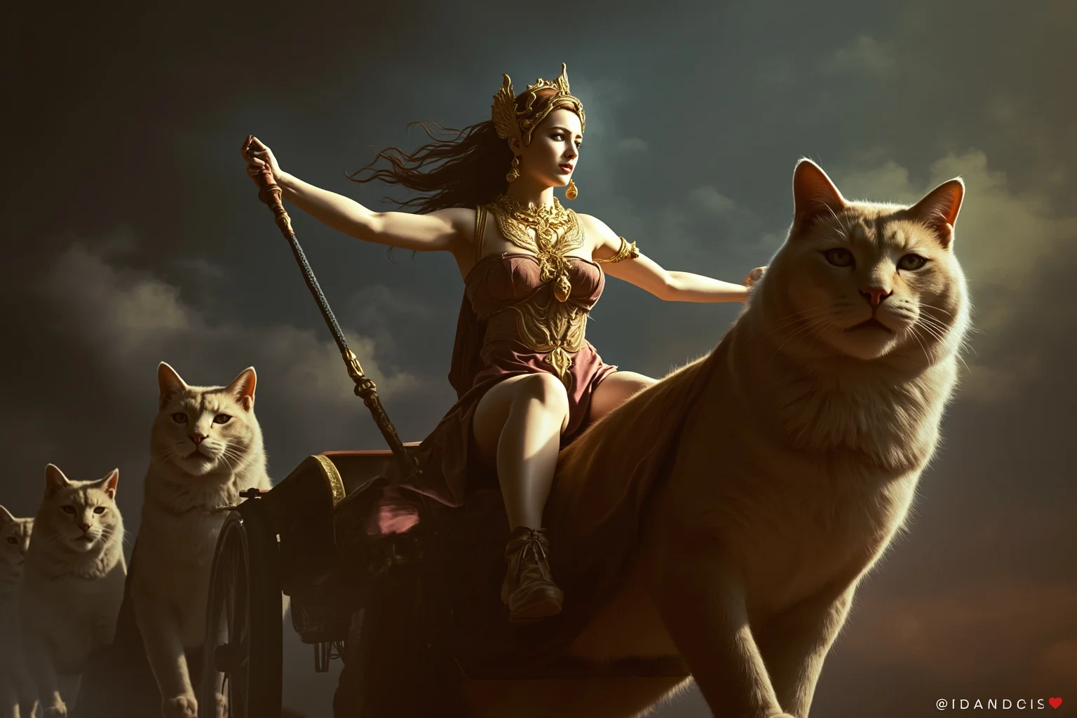 From Thor to Loki: 20 Gods, Goddesses, and Heroes of Norse Mythology 6 A beautiful goddess wearing an ornate golden necklace, riding a chariot pulled by two large cats, atmospheric fantasy art