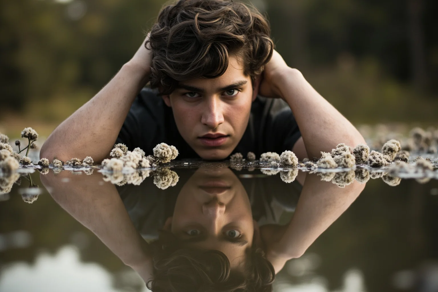 A beautiful young man mesmerized by his own reflection in a still pool of water, surrounded by wilting flowers, in muted earth tones