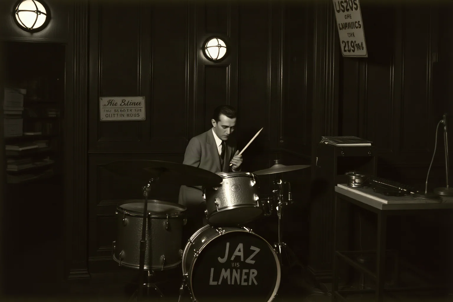A bebop-era jazz drummer performing in a small 1940s jazz club with a minimalist kit