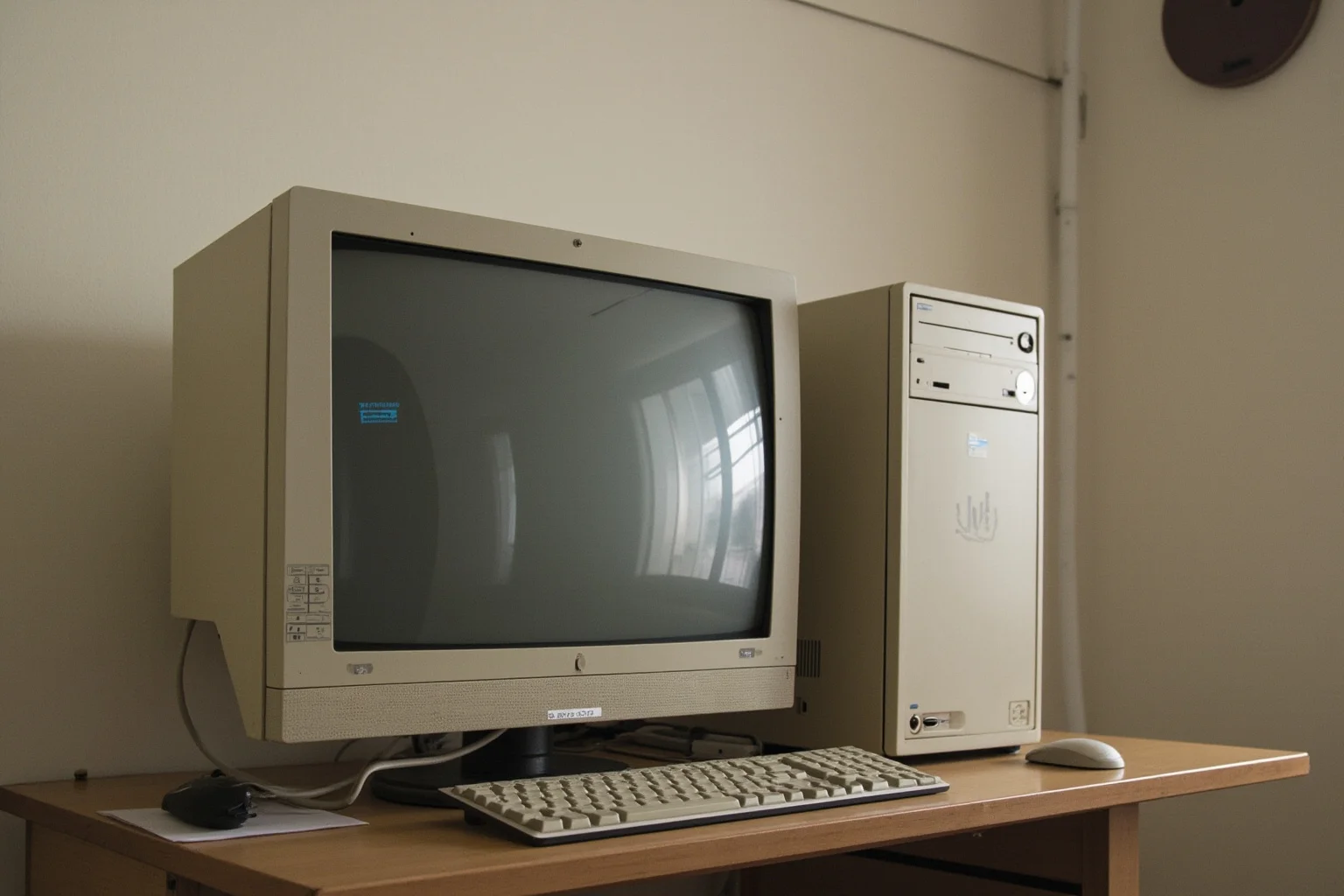 A beige 1990s desktop computer tower and monitor sitting on an old office desk