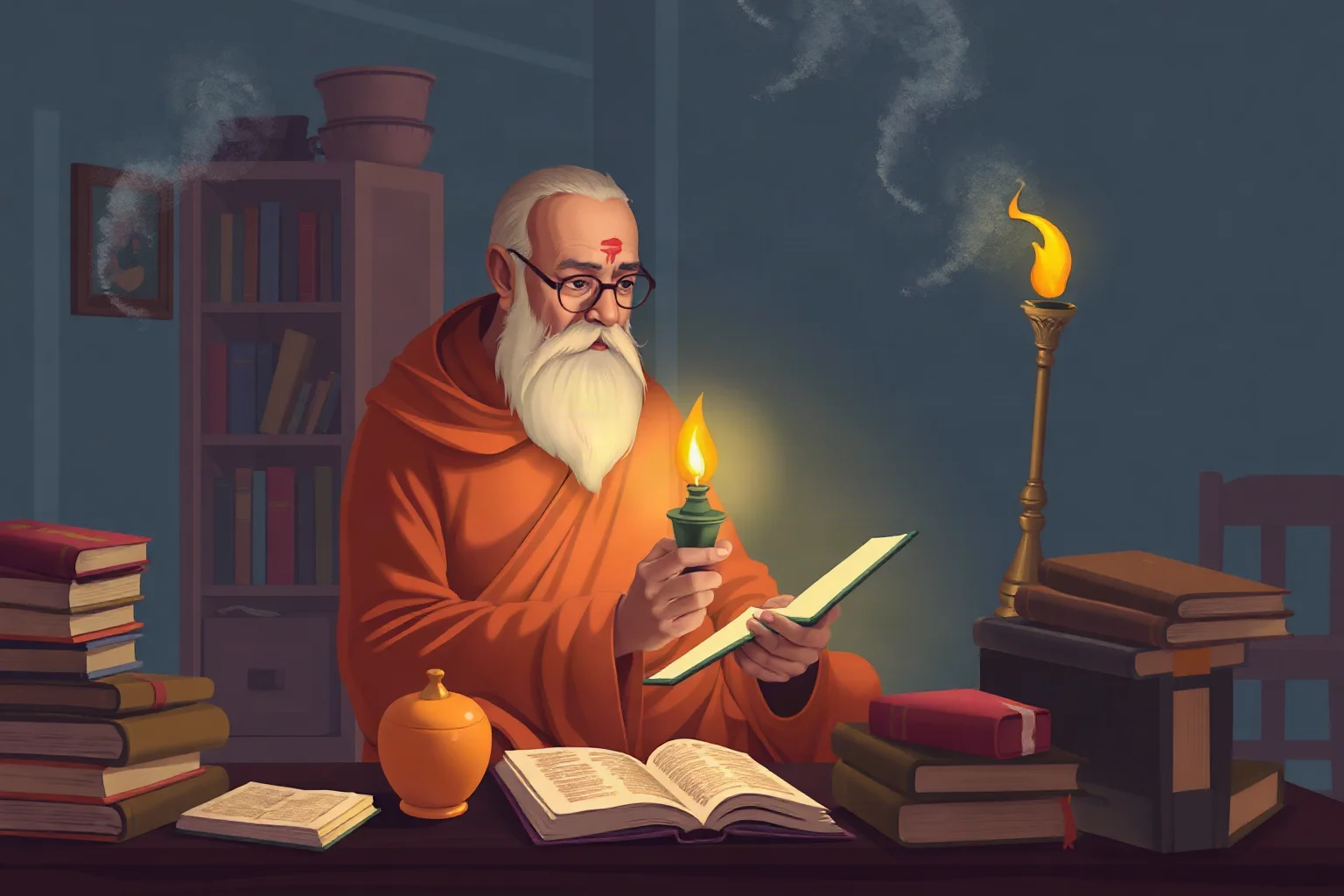 A Bengali poet in traditional robes writing by lamplight surrounded by books, illustrative style