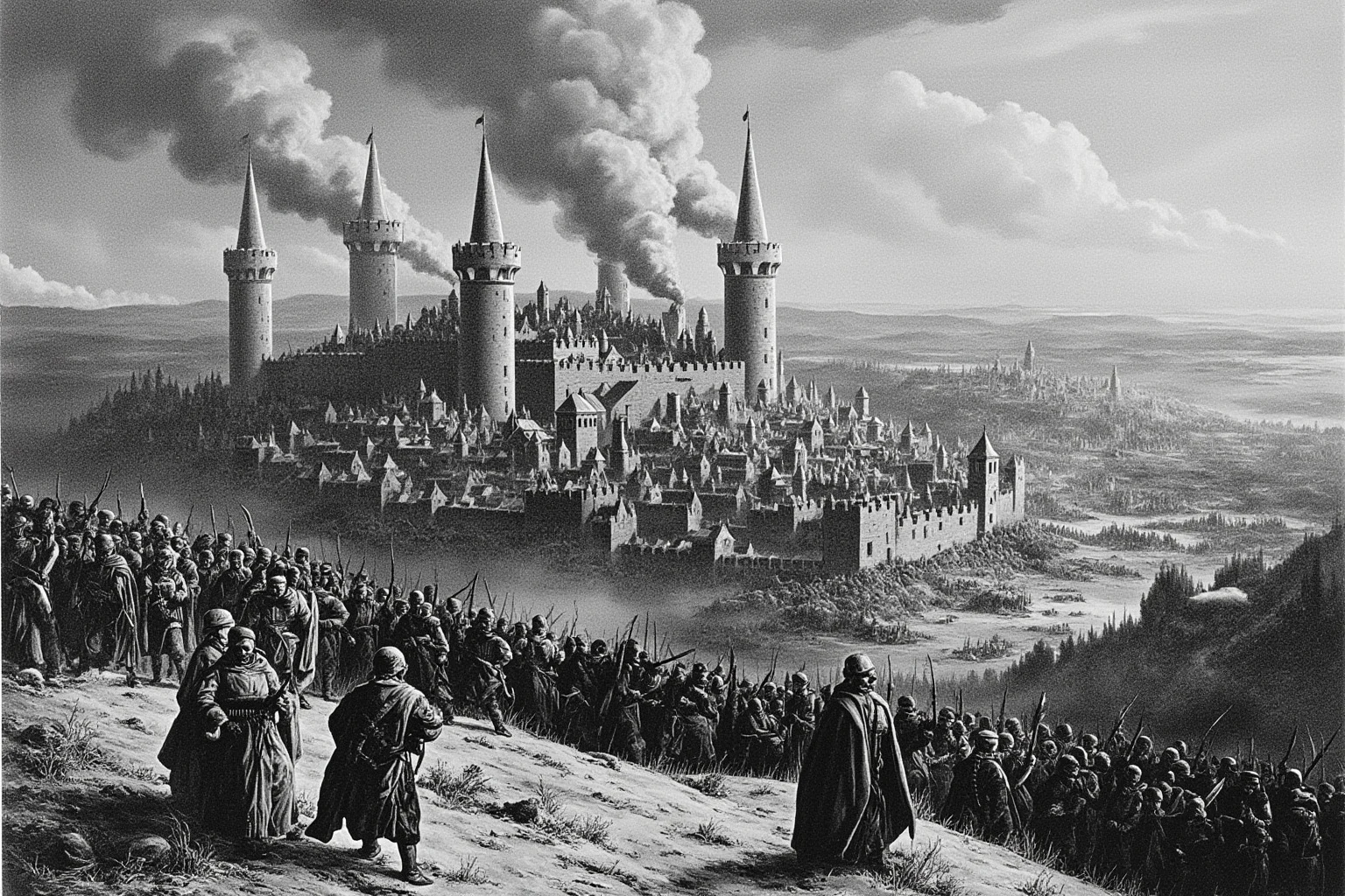 The Mad Baron Who Conquered Mongolia: The Bloody Life of Roman von Ungern-Sternberg 12 A besieged walled city under a grey winter sky with smoke rising from towers, historical illustration