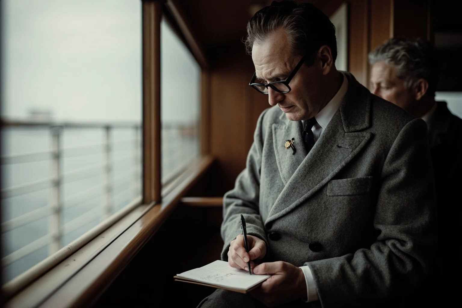Historical Figures Who Boarded the Titanic — And 10 Who Didn't Survive 8 A bespectacled Edwardian schoolteacher in a wool coat writing in a notebook aboard an ocean liner