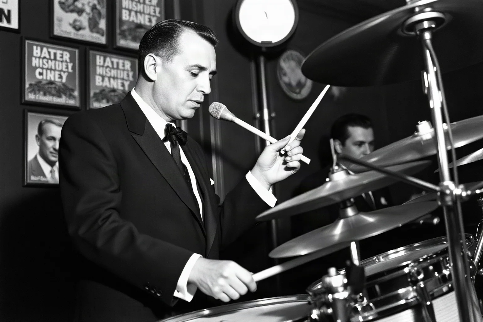 A big-band era jazz drummer in a sharp suit performing an energetic solo, vintage 1940s nightclub setting