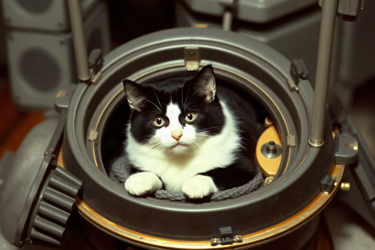 A black and white cat in a compact French Véronique rocket payload capsule, 1963