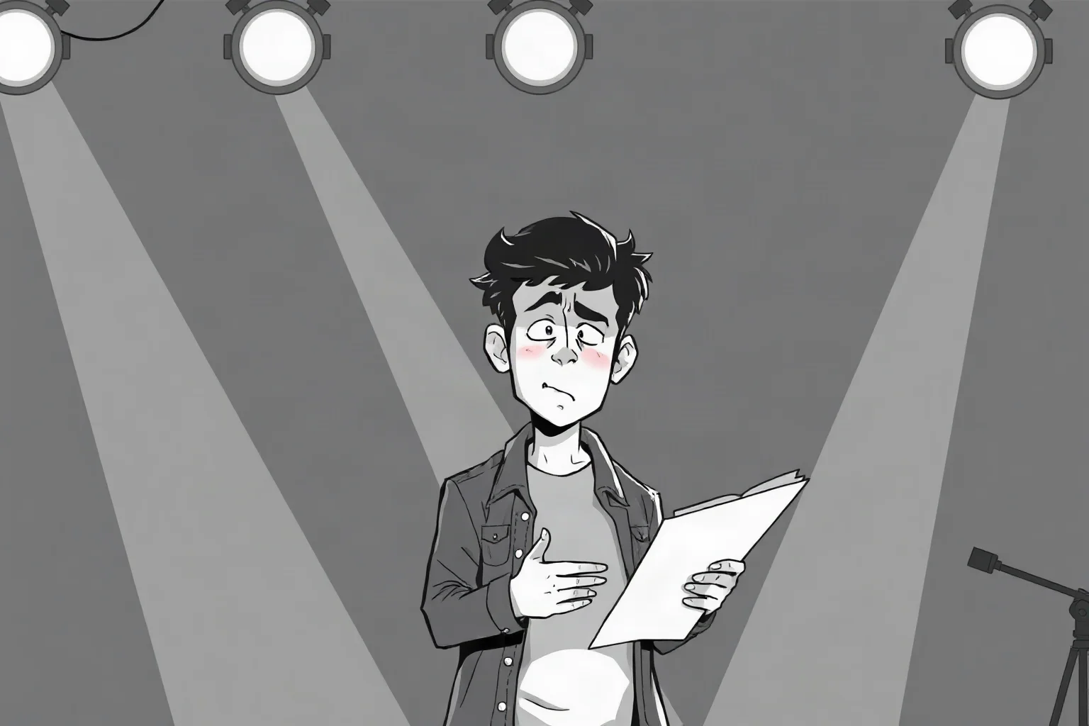 A black-and-white illustration of a nervous young actor standing under bright film set lights, script in hand