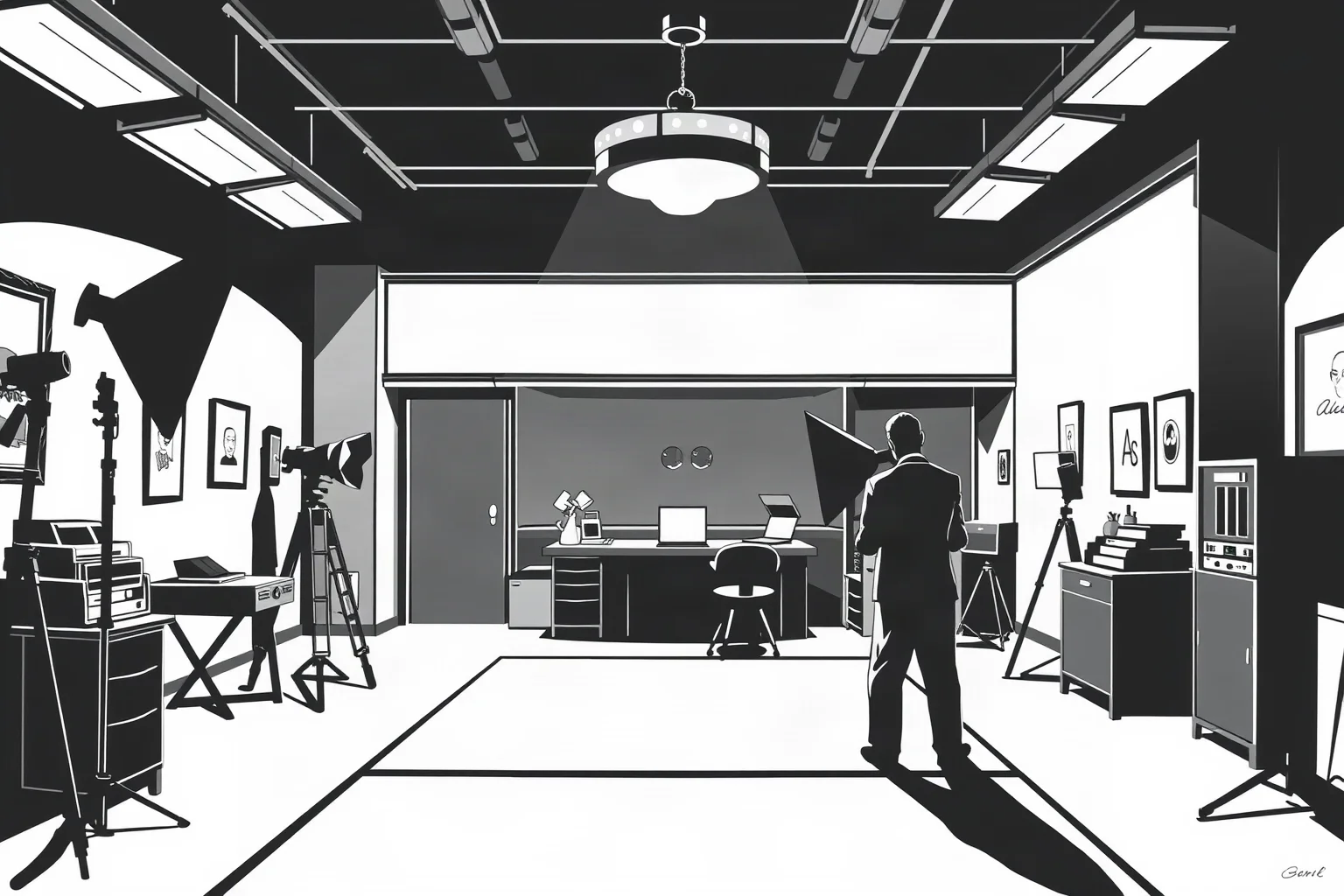 A black-and-white style illustration of a 1950s New York photography studio as a spy's cover business