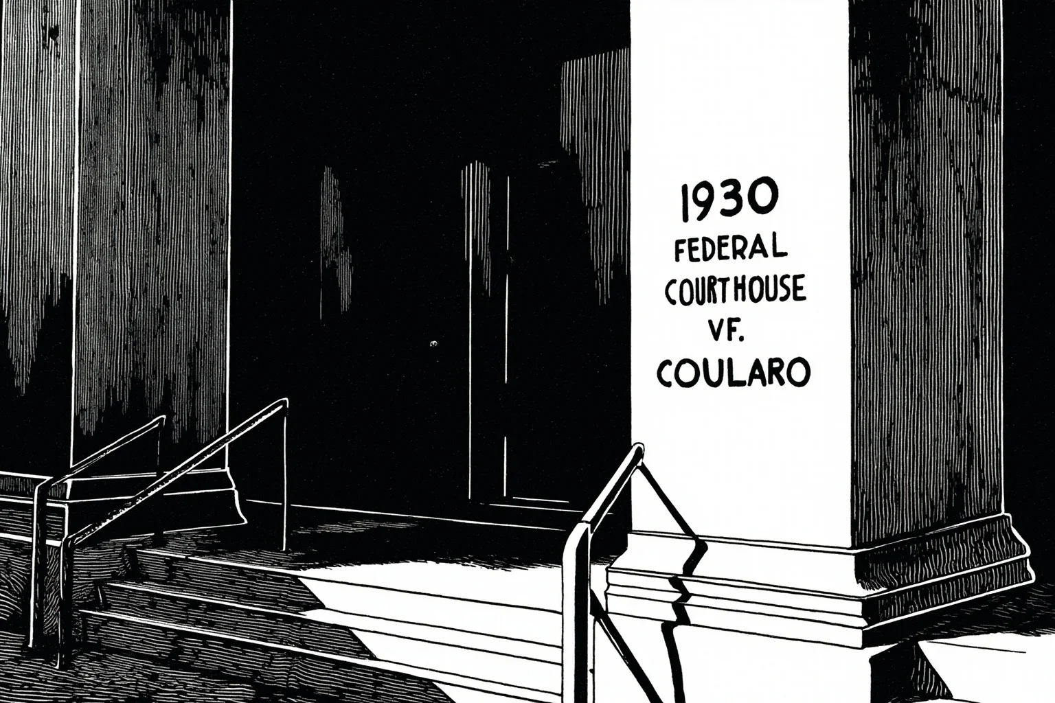 A black-and-white style illustration of a 1930s federal courthouse exterior with dramatic shadows