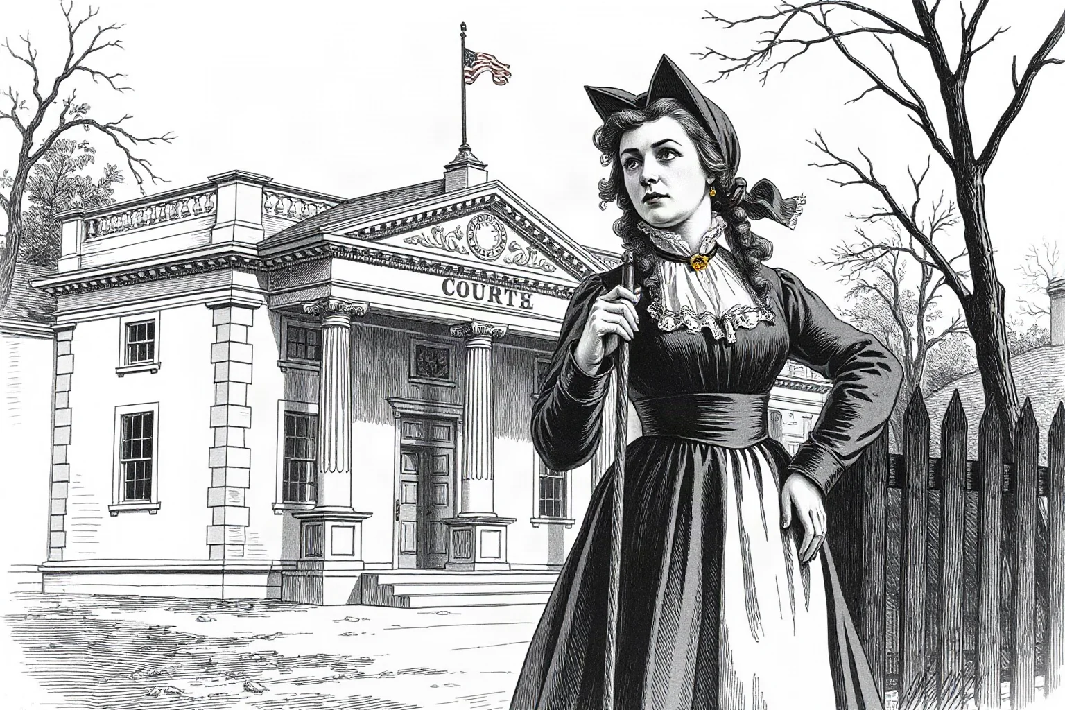 A black-and-white style illustration of a determined woman standing outside a courthouse in the 1870s