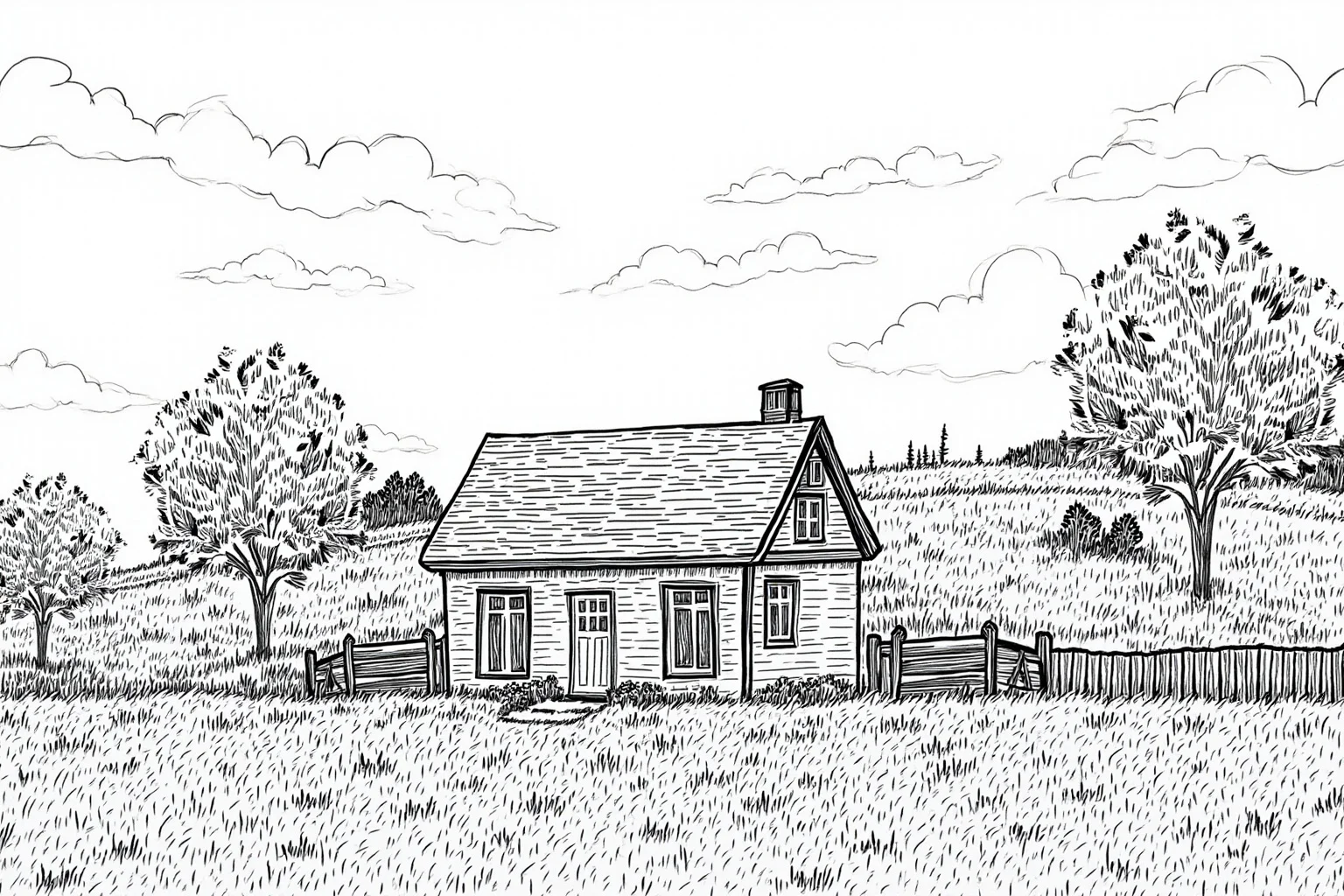 The Human Lightning Rod: The Man Who Was Struck Seven Times 17 A black and white toned illustration of a quiet countryside home under overcast skies