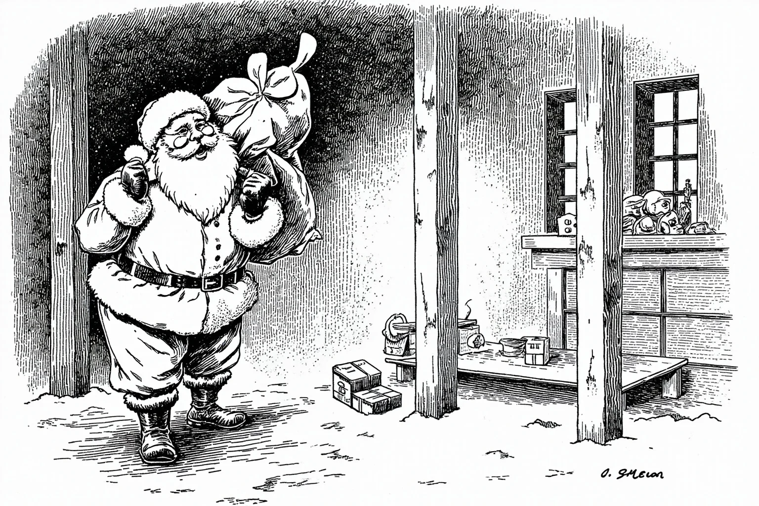 The Origin Of Santa Claus And How He Became Our Christmas Icon 5 A black-and-white Victorian-era newspaper cartoon style illustration of a rounder, jollier Santa Claus figure with a sack of toys in a snowy workshop setting