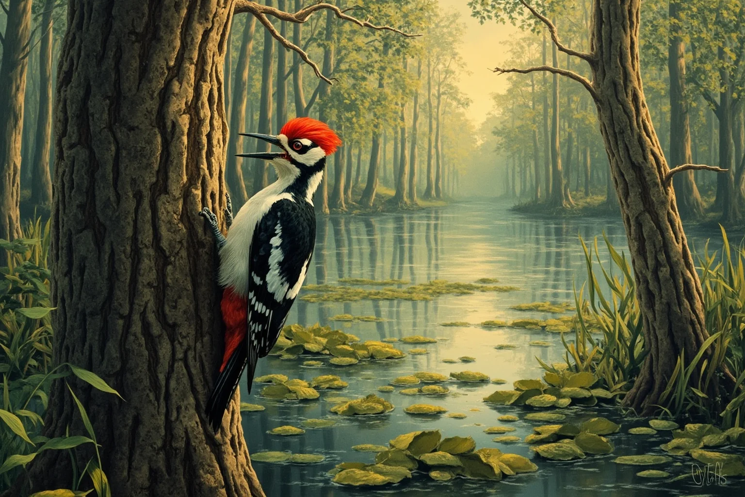 Recently Extinct Animals: A Complete List From the Last 10–20 Years 7 A black and white woodpecker with a red crest on a large tree trunk in a southern swamp forest, illustrative wildlife art style