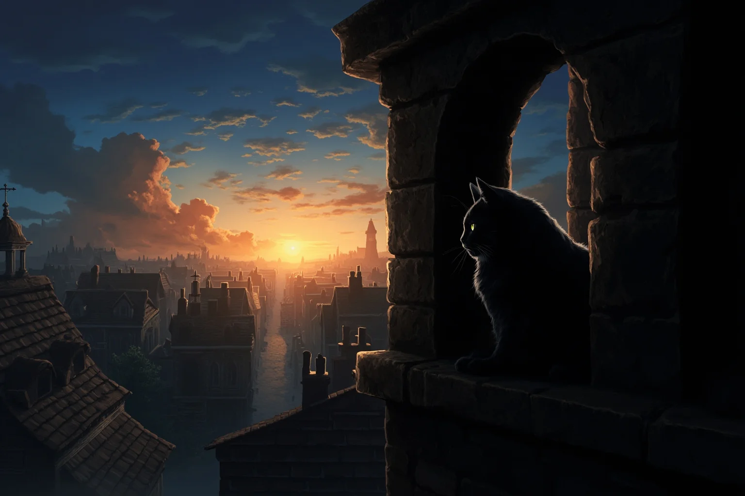 Familiars: The Long, Strange History of the Witch's Animal Companion 6 A black cat perched on a stone windowsill at dusk in a medieval village, atmospheric illustration