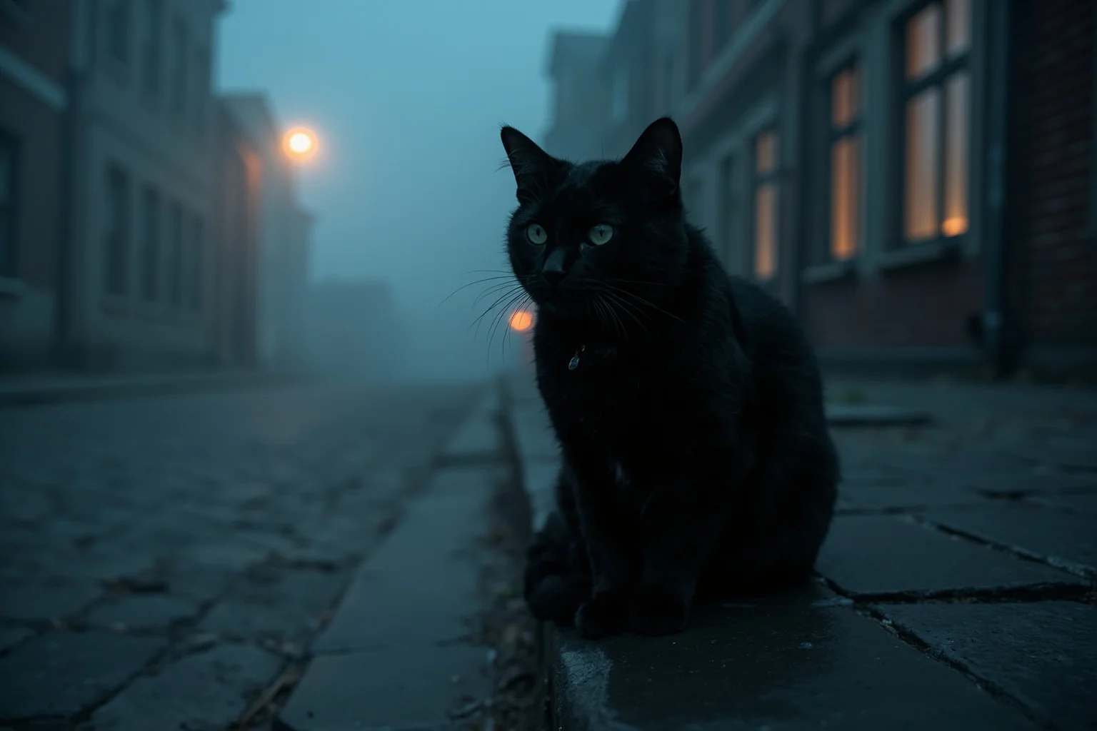 A black cat sitting at the edge of a foggy cobblestone street at dusk