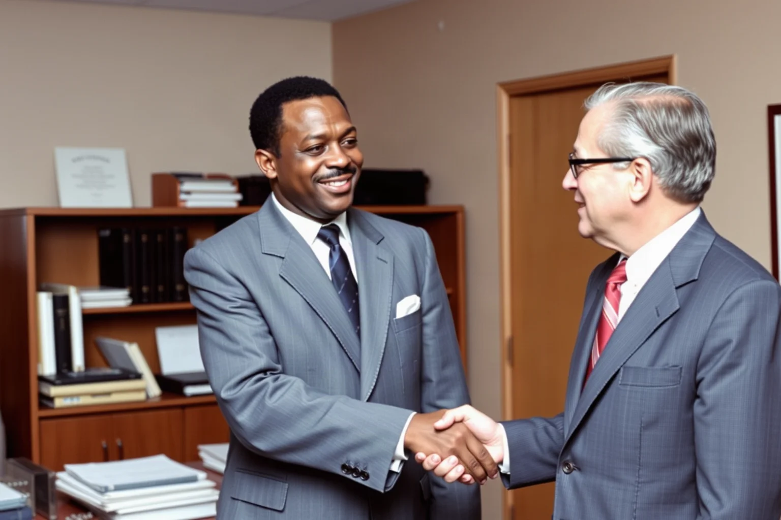 A Black civic leader in a suit shaking hands with a business executive in a 1960s office setting