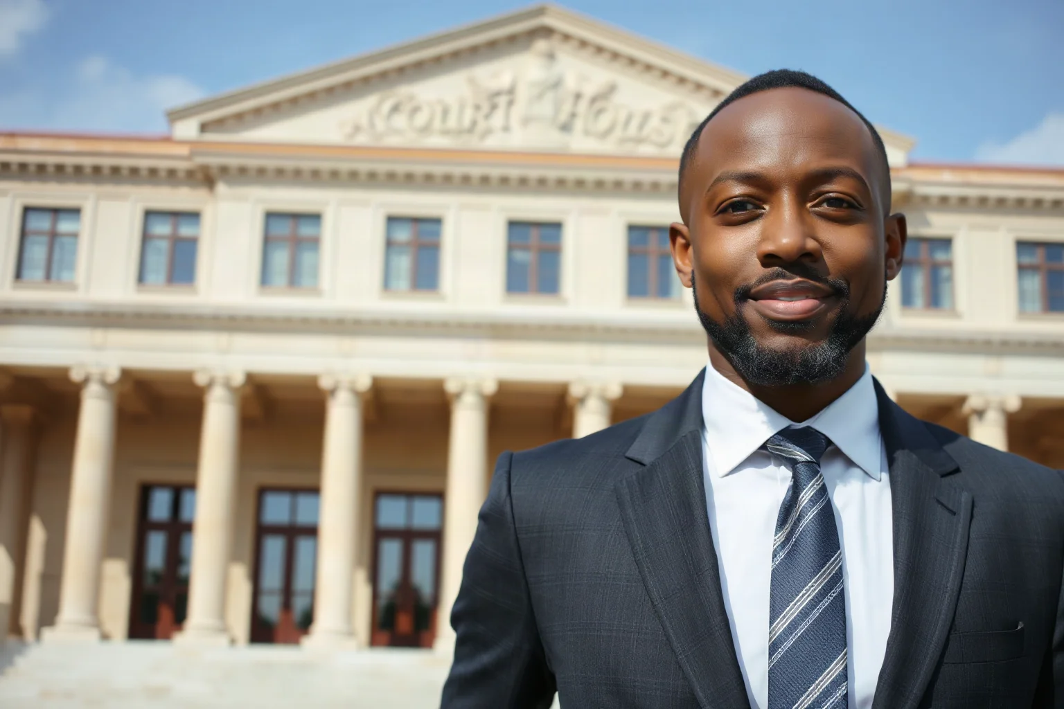 A Black lawyer in a formal suit standing confidently in front of a grand courthouse building with columns
