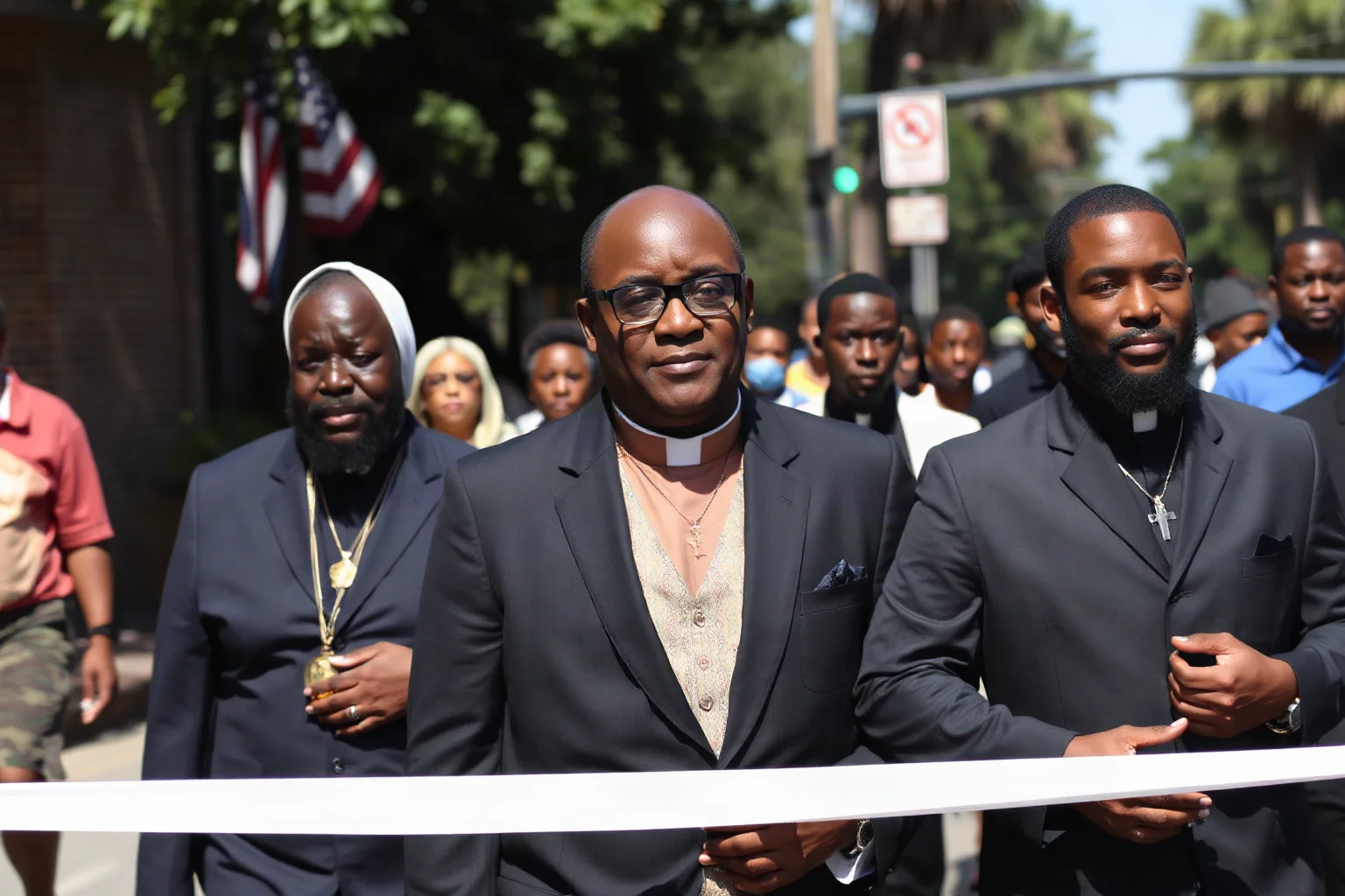 A Black minister in clerical attire standing arm in arm with fellow marchers on a Southern street