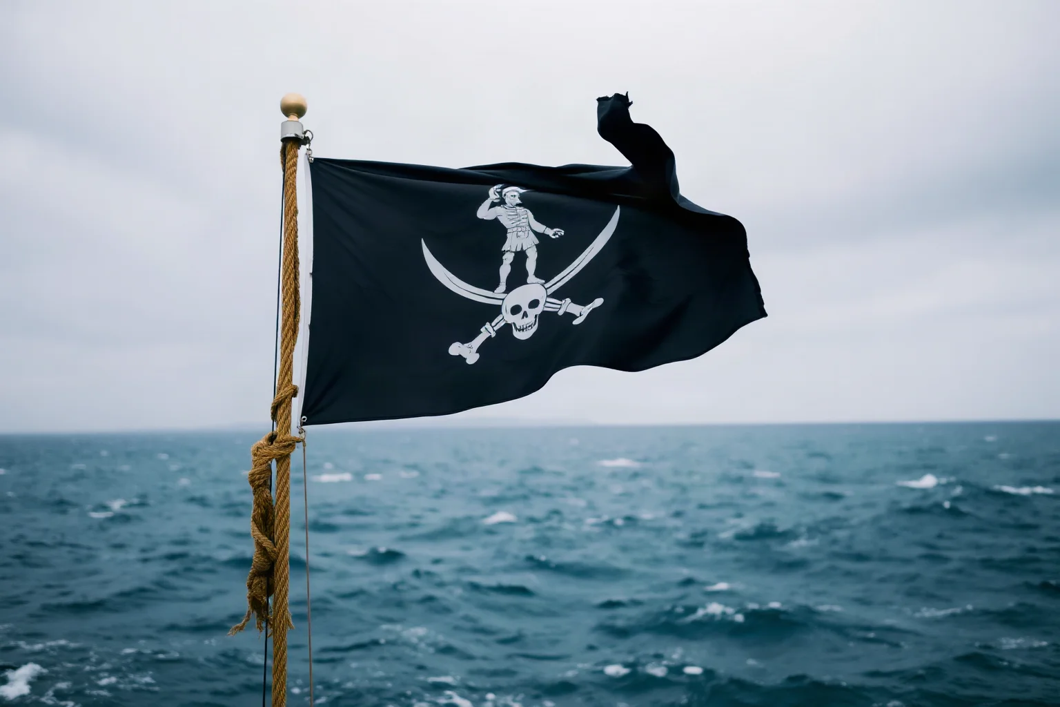A black pirate flag bearing a figure of a man standing atop two skulls with letters, flying from a ship's mast against stormy seas
