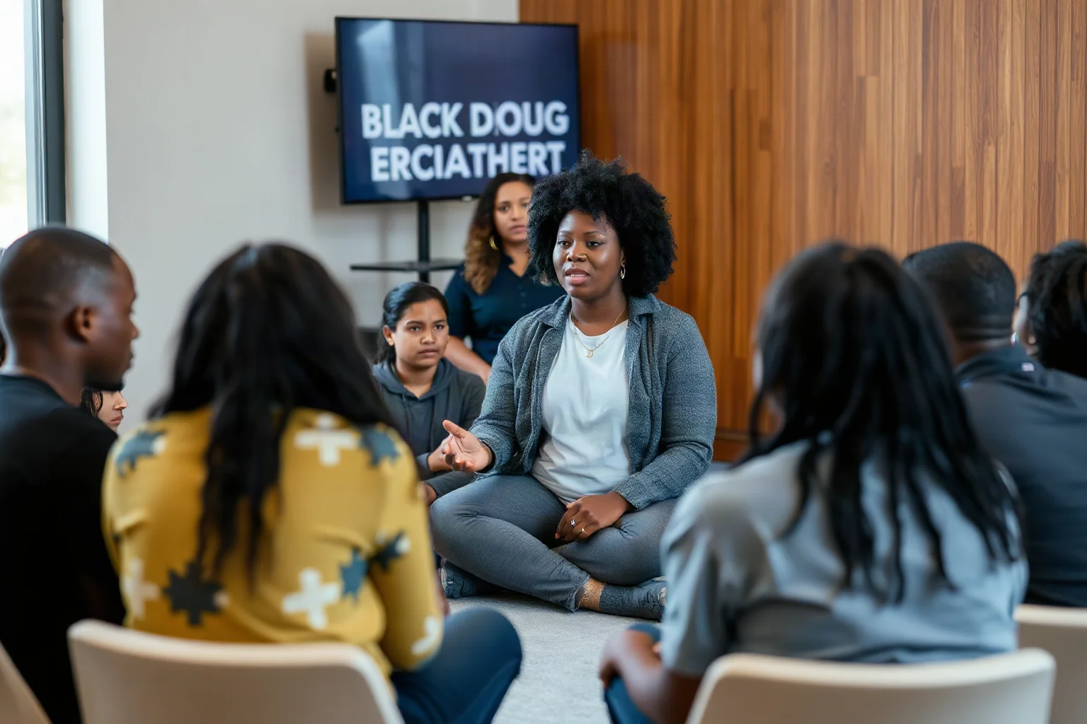 A Black woman organizer speaking to a small group of young activists seated in a circle indoors