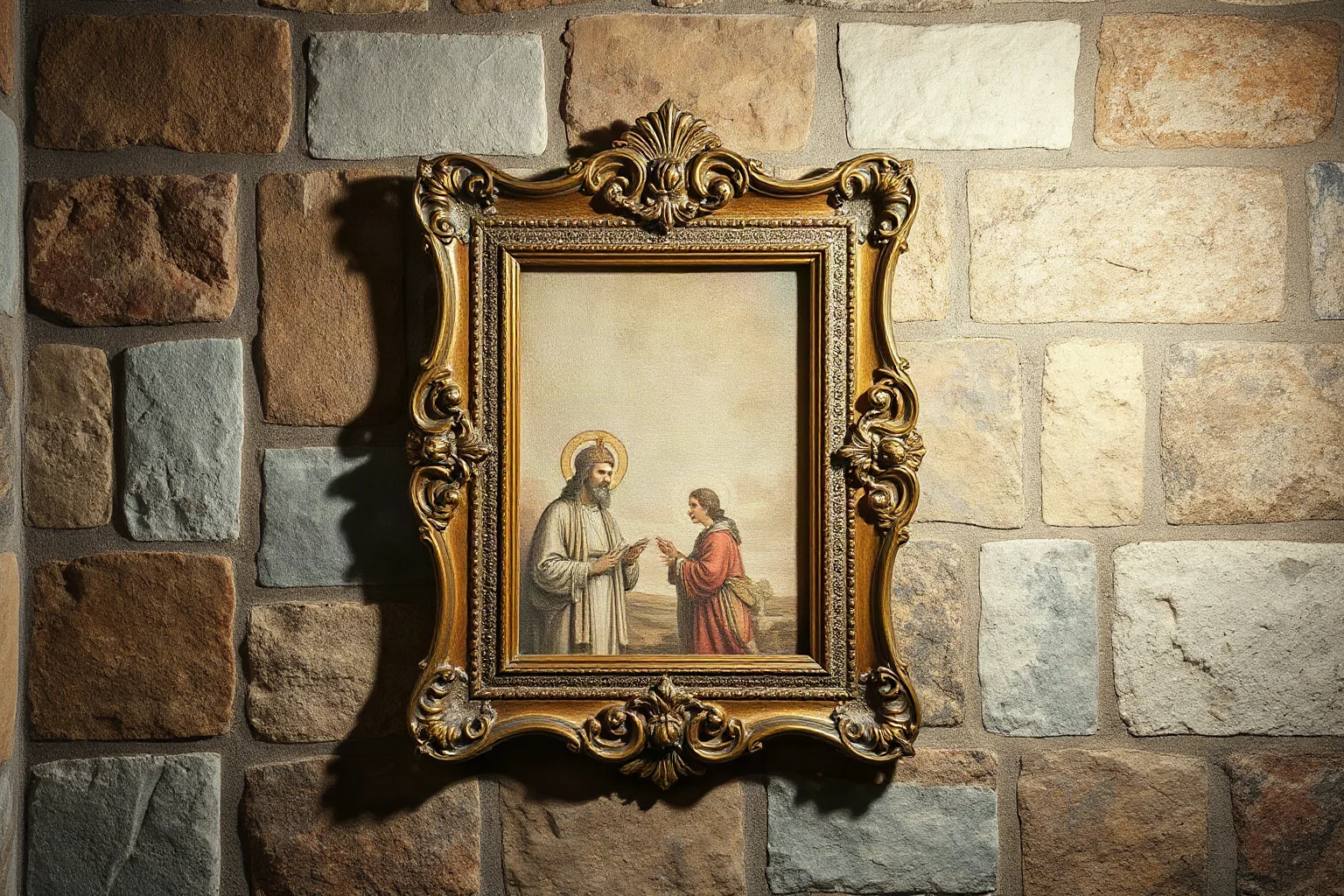 A blank ornate picture frame on a stone wall, symbolizing the unknown true appearance of the saint