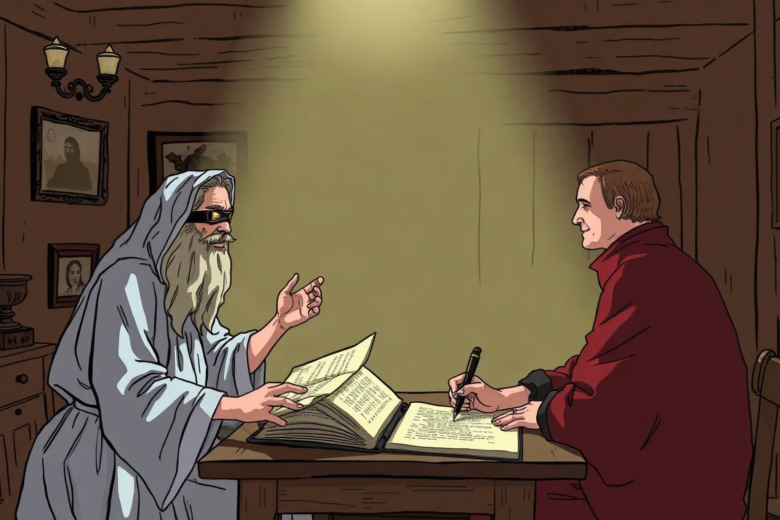 A blind poet dictating an epic poem to a scribe in a dim 17th-century English room, illustrative style
