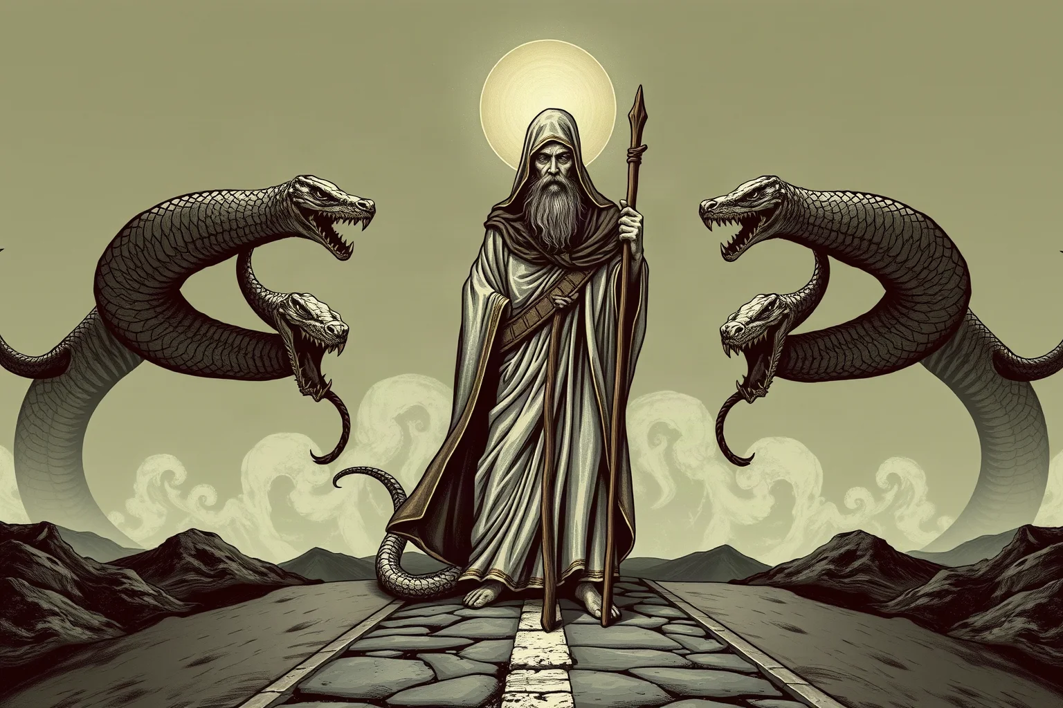 A blind prophet with a wooden staff standing at a crossroads beneath twin serpents, mysterious classical illustration style